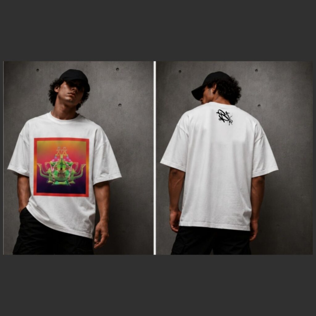 T-shirt blanc oversized Amin Brush Berrad, théières marocaines pop art, face et dos, streetwear Casablanca