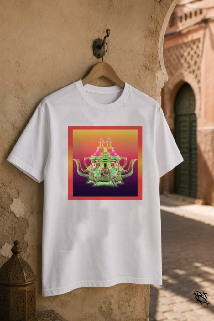 T-shirt blanc Amin Brush accroché, print Berrad théière marocaine kaléidoscope sunset