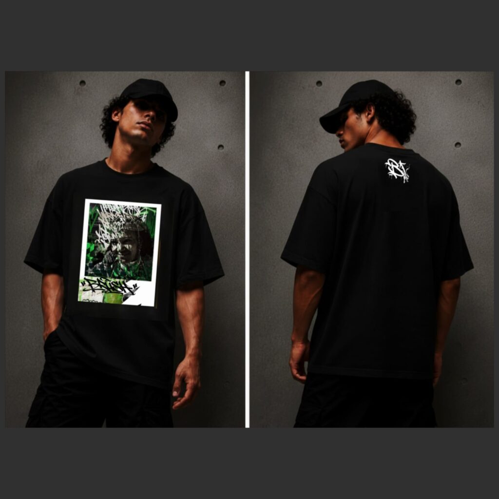 T-shirt noir oversized Amin Brush BRUSH, portrait graffiti vert d'une femme marocaine, face et dos, streetwear Casablanca