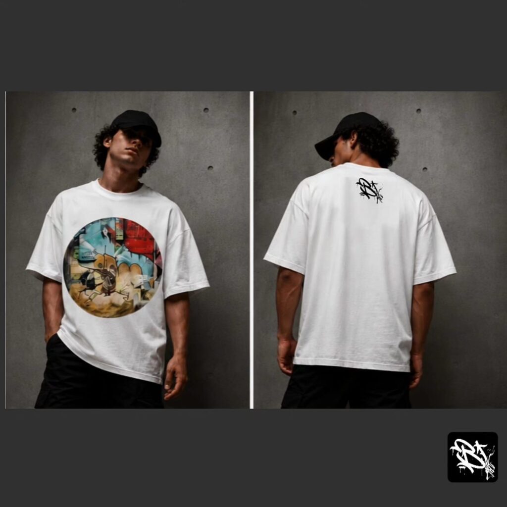 T-shirt blanc oversized Amin Brush Fantasia, cavalier tbourida dans un cercle street art, face et dos