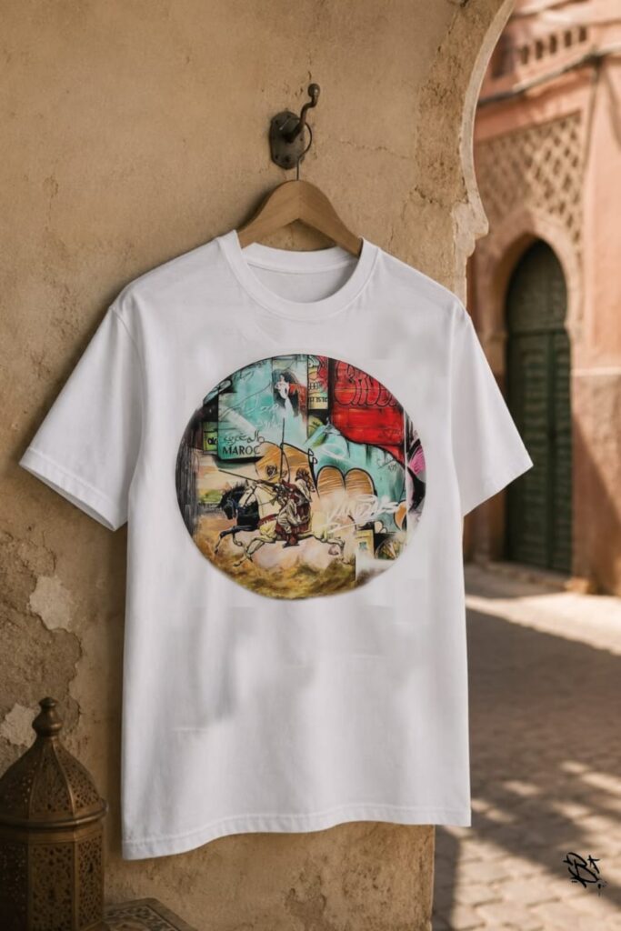 T-shirt blanc Amin Brush accroché dans une ruelle, print circulaire Fantasia cavalier marocain et graffiti MAROC